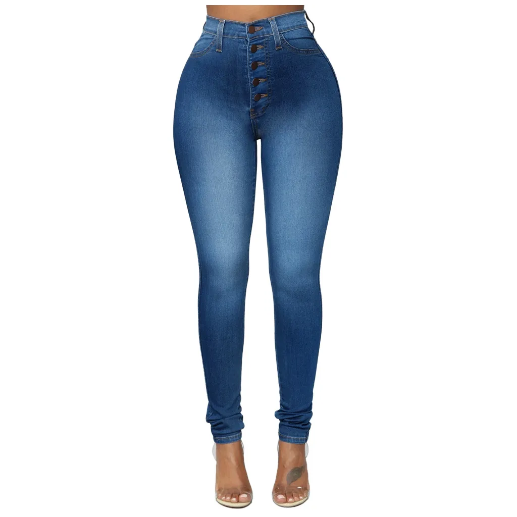 Модные женские джинсы с высокой талией Стрейчевые узкие однобортные брюки