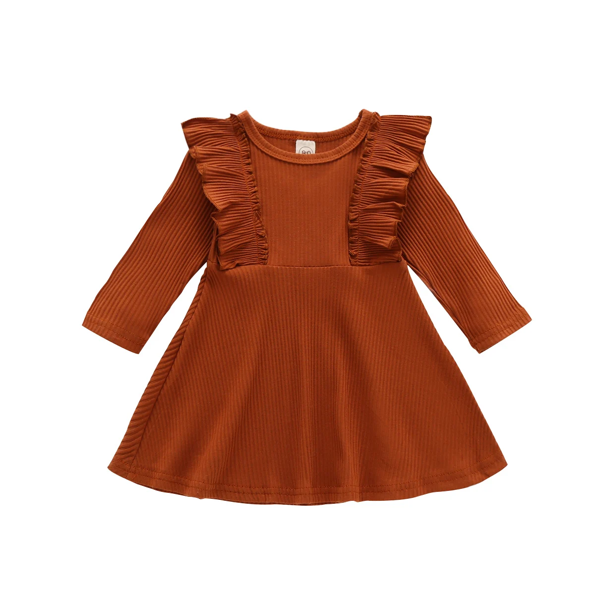 

1-6Y Autumn Girls Lovely Knit Dress Ruffles Long Sleeve Solid Knee Length A-Line Dress