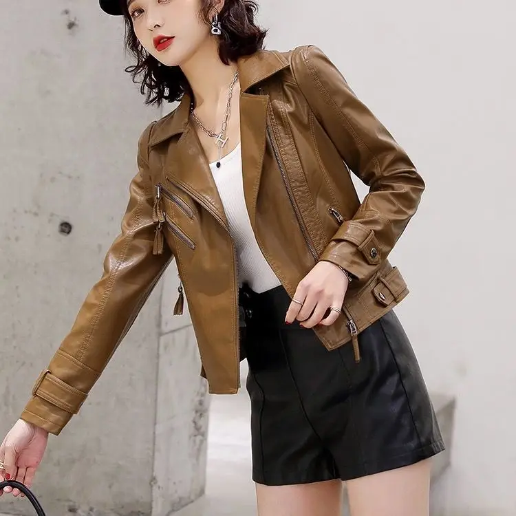 

Leather Women 's Short Motorcycle Jacket 2021 Spring and Autumn New Slim Fit Fashion Versatile Wash PU Leather Jacket