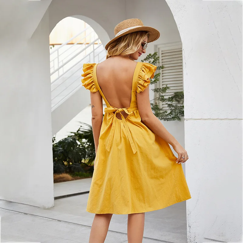 

2021 New Spring Summer Ladies Solid Dress Women Casual Butterfly Sleeve Cotton Square Collar High Waist Knee Length Dress