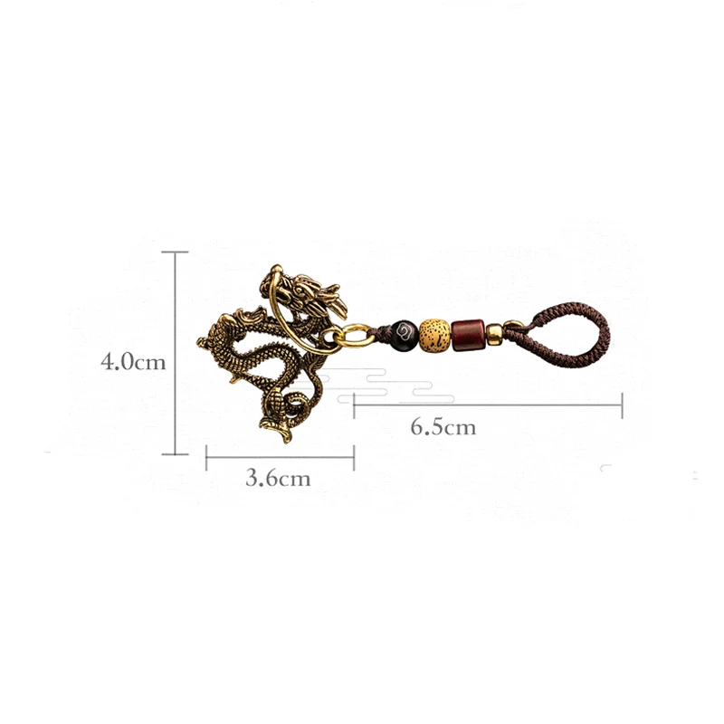 Vintage Copper Beast Dragon Lucky Rope Keychain Pendant Brass Chinese 12 Zodiac Animals Car Key Chain Bag Feng Shui Hanging Gift images - 6