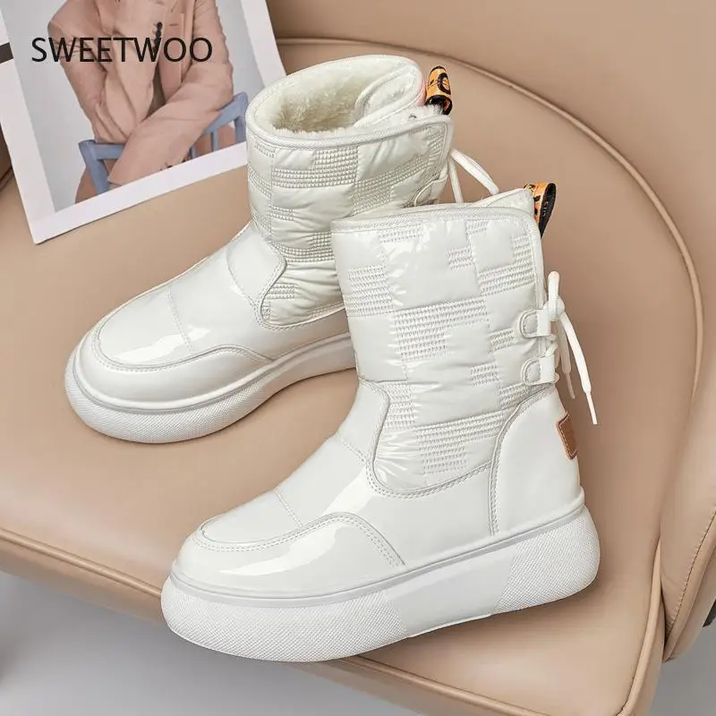 

Snow boots women short tube 2021 new winter plus velvet thick patent leather short boots cotton flannel waterproof cotton boots