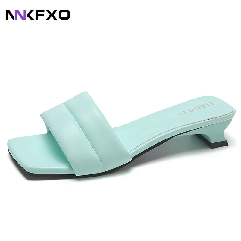 

Fashion Elegant Womens Slippers High Quality Solid Cozy Leather Square Toe Sandals Femme Low Heel Party Dress Shoes vc3273