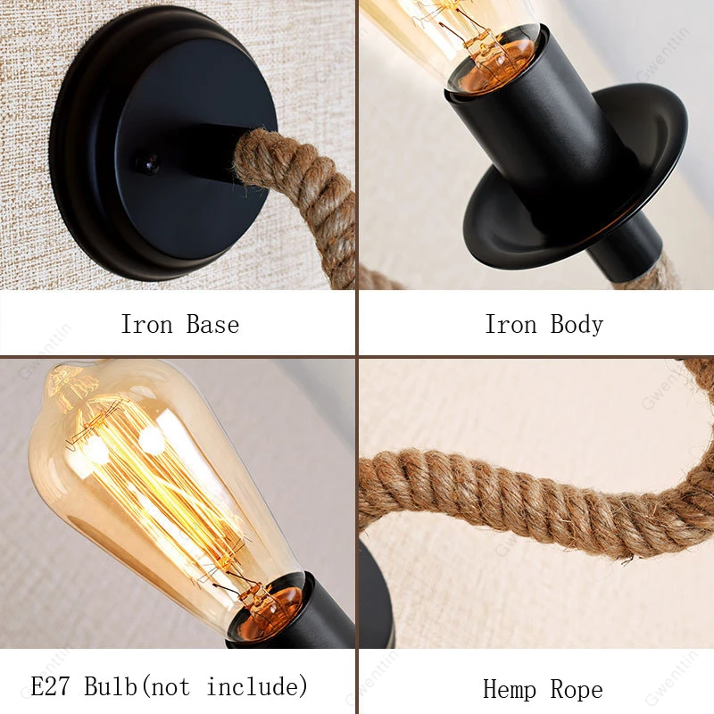 Винтажный настенный светильник из пеньковой веревки Ретро американский в стиле