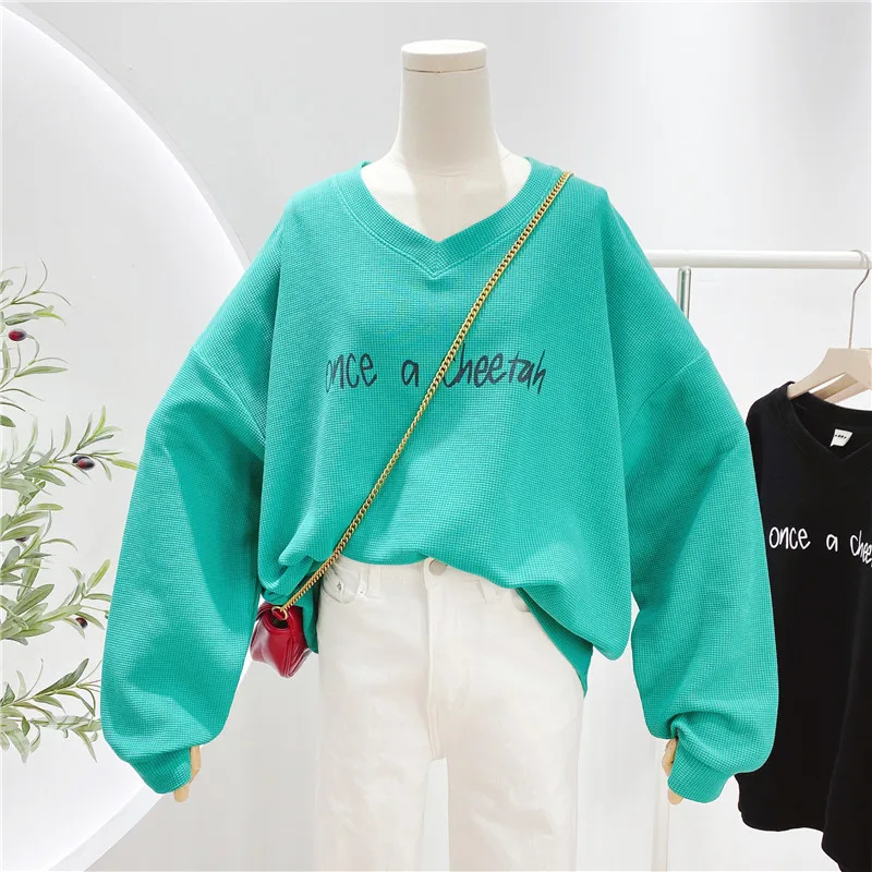 

Large Women's V Neck Street Sweatshirt Pullovers 2021 Autumn Fashion Back Printing Oversized Top Outfits Maxi Size