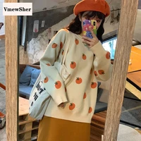 vmewsher new cute sweater women chic tomato pattern long sleeve o neck daily loose knitwear fall casual all match pullover top