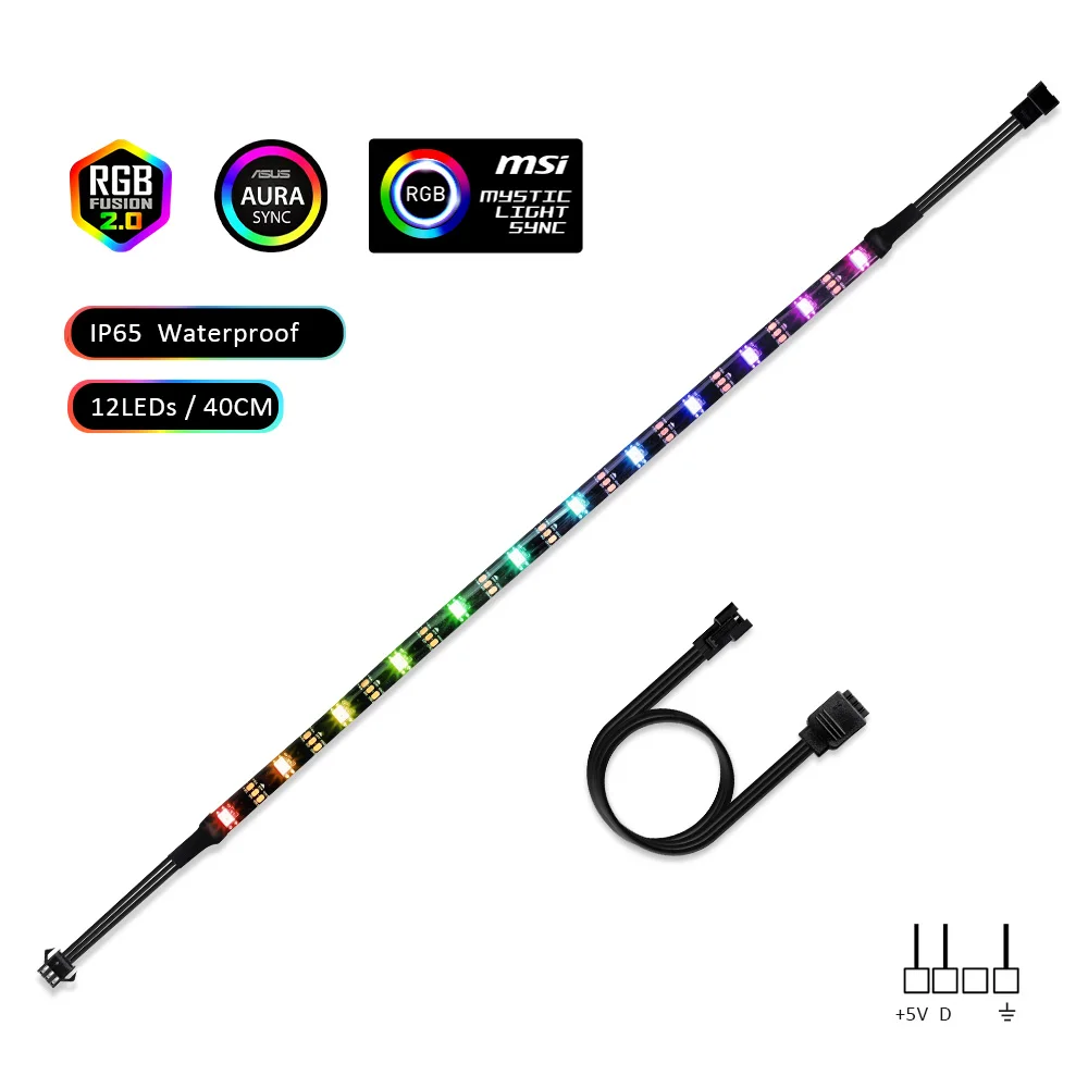 1x40cm 12leds IP65 Светодиодные ленты светильник RGB 5V прибор приемно-ws2812b полосы для ПК чехол материнская плата 3 контактный разъем для ASUS Aura SYNC, MSI Mystic светильник синхронизации - Испускаемый цвет: 1x40cm 12leds IP65