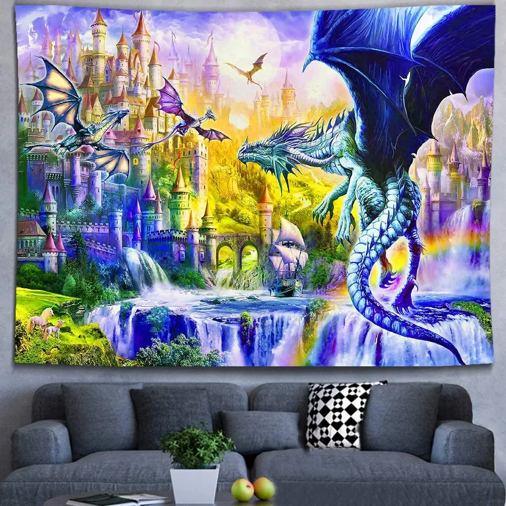 Дракон водопад замок средневековая фантазия существо красочный психоделический