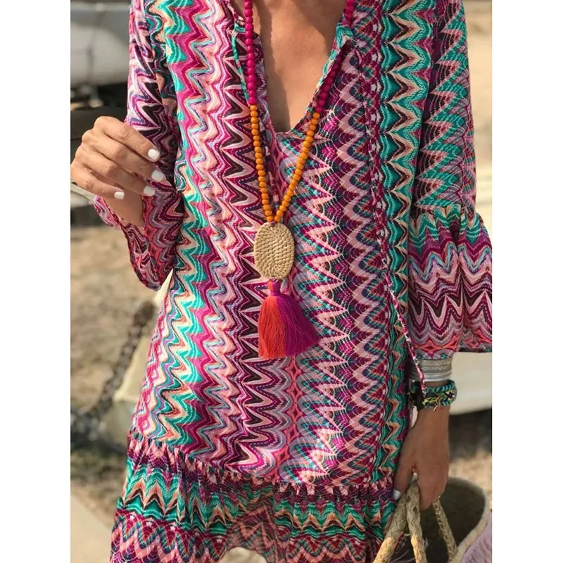 

2020 Summer Bohemian Striped Geometry Print Women Dress V Neck Half Sleeve Female Casual Beach Holiday Boho Sexy Mini Dress