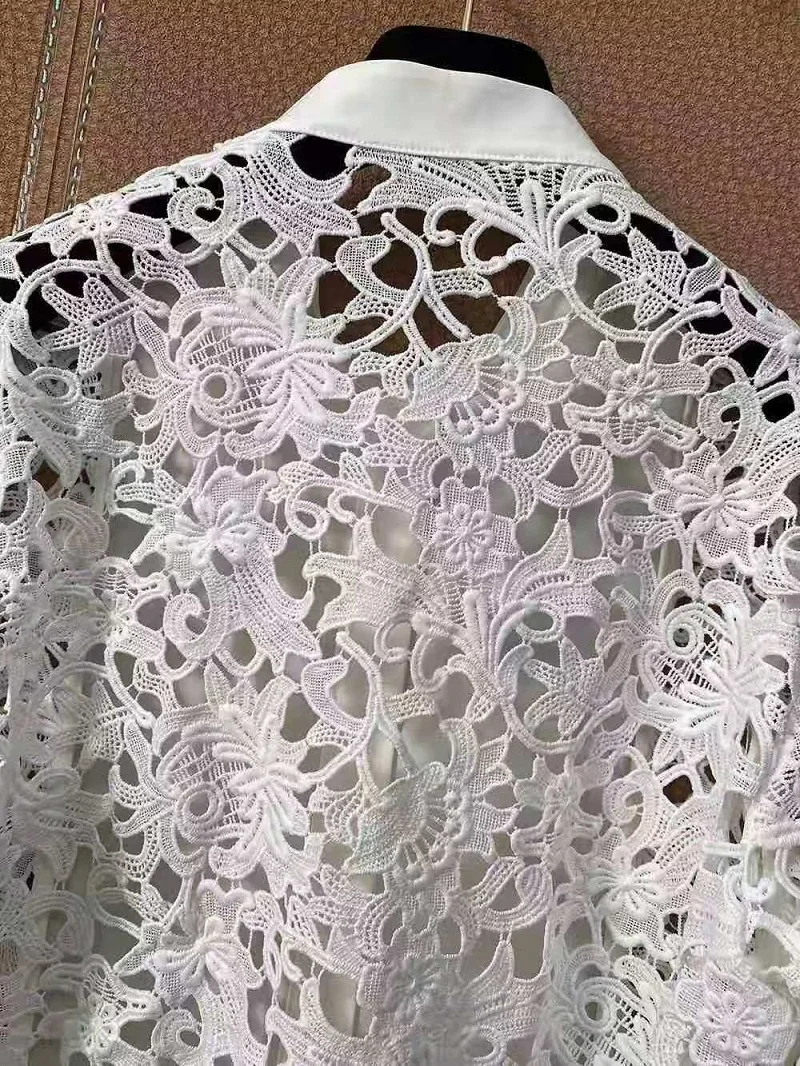 

Spring Fashion 2021 Long Shirt Dress High Quality Women Hollow Out Embroidery Long Sleeve Casual White Cotton Dress Apparel