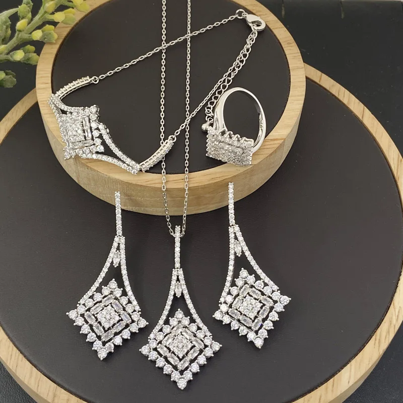 

Lanyika Fashion Jewelry Set Luxury Rhombus Zirconia Micro Pave Necklace with Earrings, Bracelet and Ring for Woman Banquet Gifts