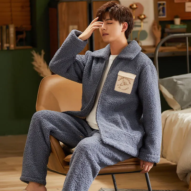 

Winter Men Coral Fleece Thick Flannel Leisurewear Boys Outside Pajamas Set
