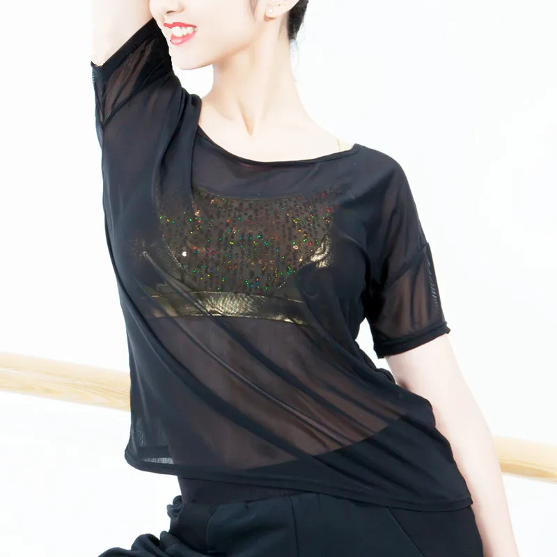 

Adult Ballet Ballroom Dance Tops Women Sexy Harajuku Mesh See Through T Shirt Hollow Transparent Undershirt Black Base
