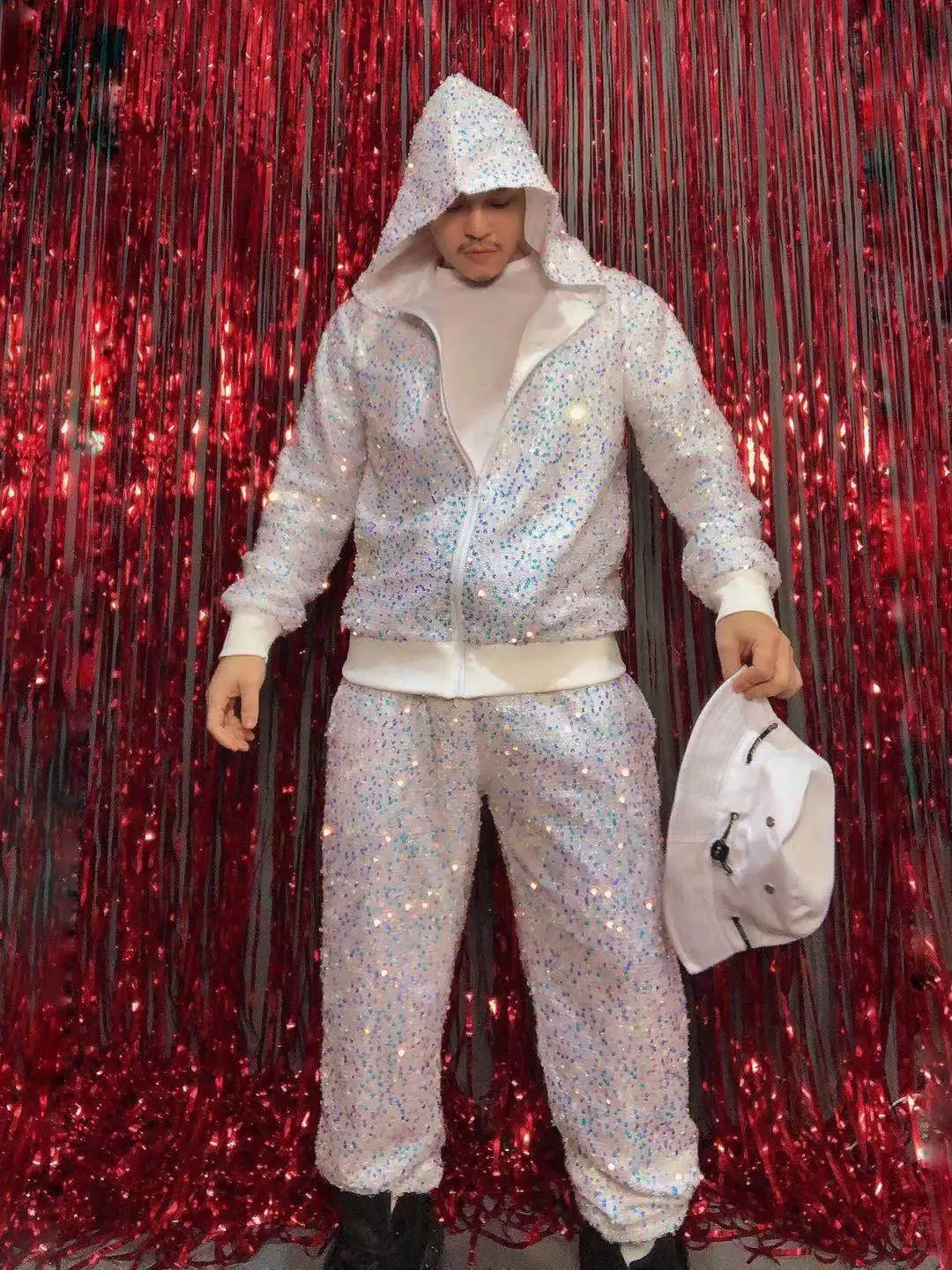 Фото Мужской комплект из 2 предметов: куртка с капюшоном и брюки с блестками и пайетками для выступлений в стиле хип-хоп, рок, танцев, для сцены, для рэперов и певцов №5