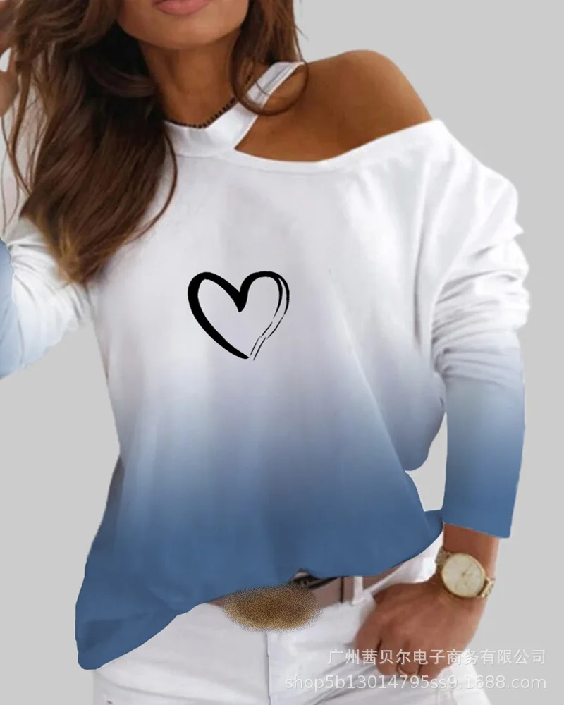 

Mandylandy Women Long-sleeved Top with Gradient Heart-shaped Print Hollow Off-shoulder Round Neck Casual Spring And Autumn Top