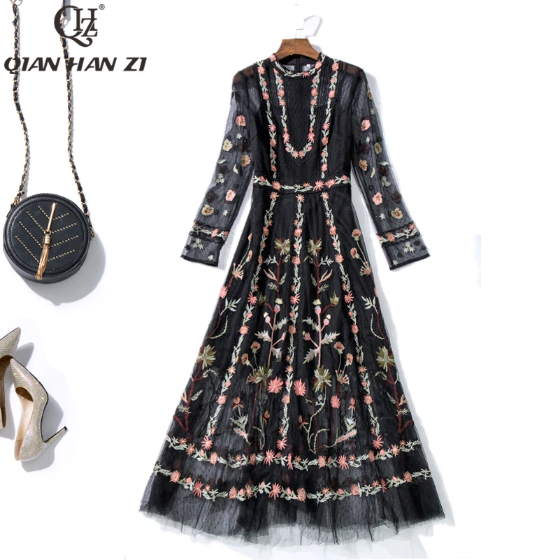 Qian Han Zi spring summer designer dress Women's Long Sleeve Mesh Embroidered Long Dress Vintage Black slim party Maxi dress