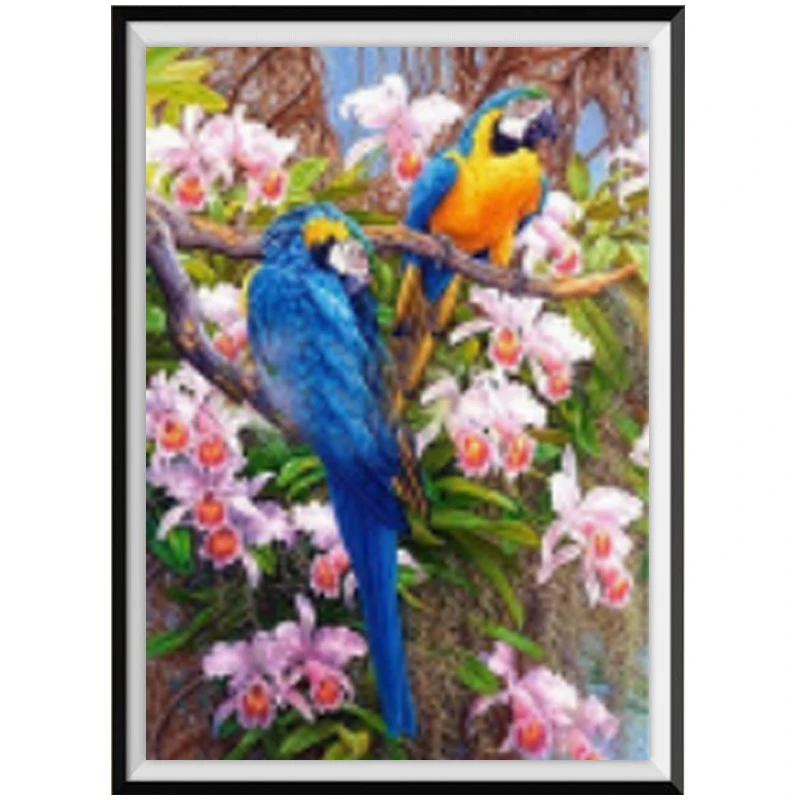 Алмазная живопись 5D дерево на двух синих попугаях инкрустированная алмазами