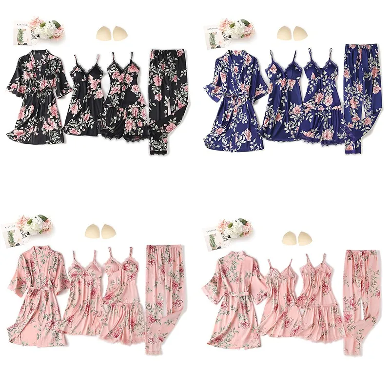 

5PCS Robe Set Satin Kimono Bathrobe Gown Summer Pajamas With Lace Women Sleepwear Thin Nightwear V-Neck Comfy Intimate Lingerie