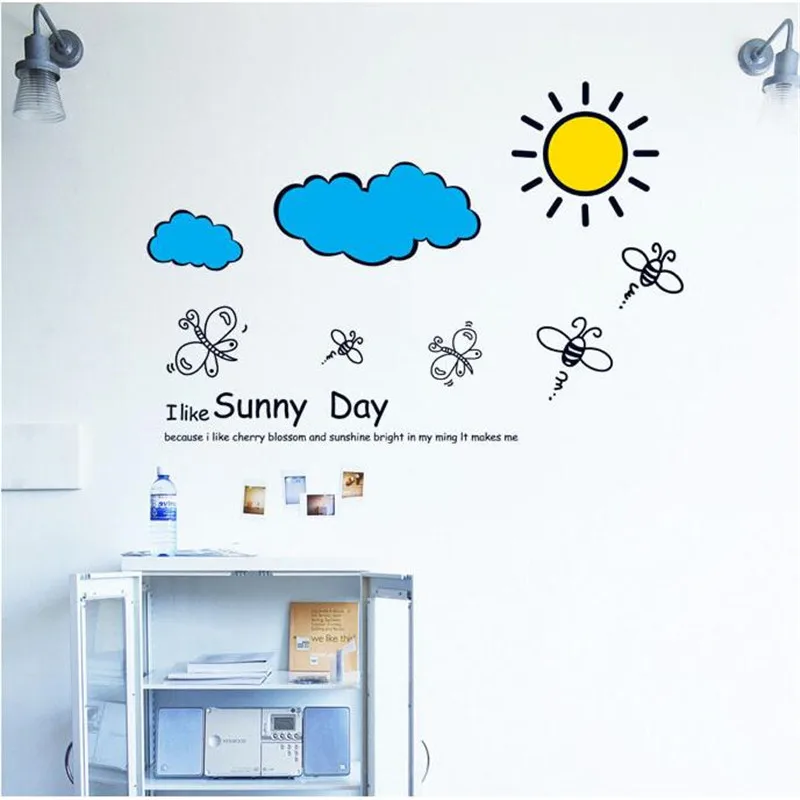 Мультяшные настенные Стикеры с белыми облаками и солнцем украшения для гостиной