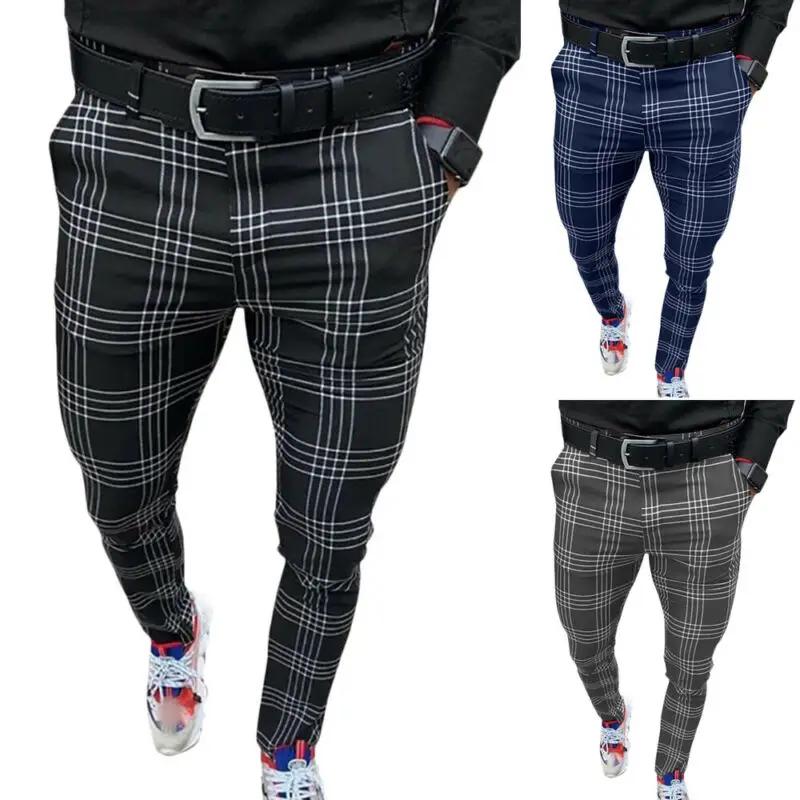 

Men Check Skinny Business Trousers Work Casual Slim Fit Suit Dress Pants Bottoms