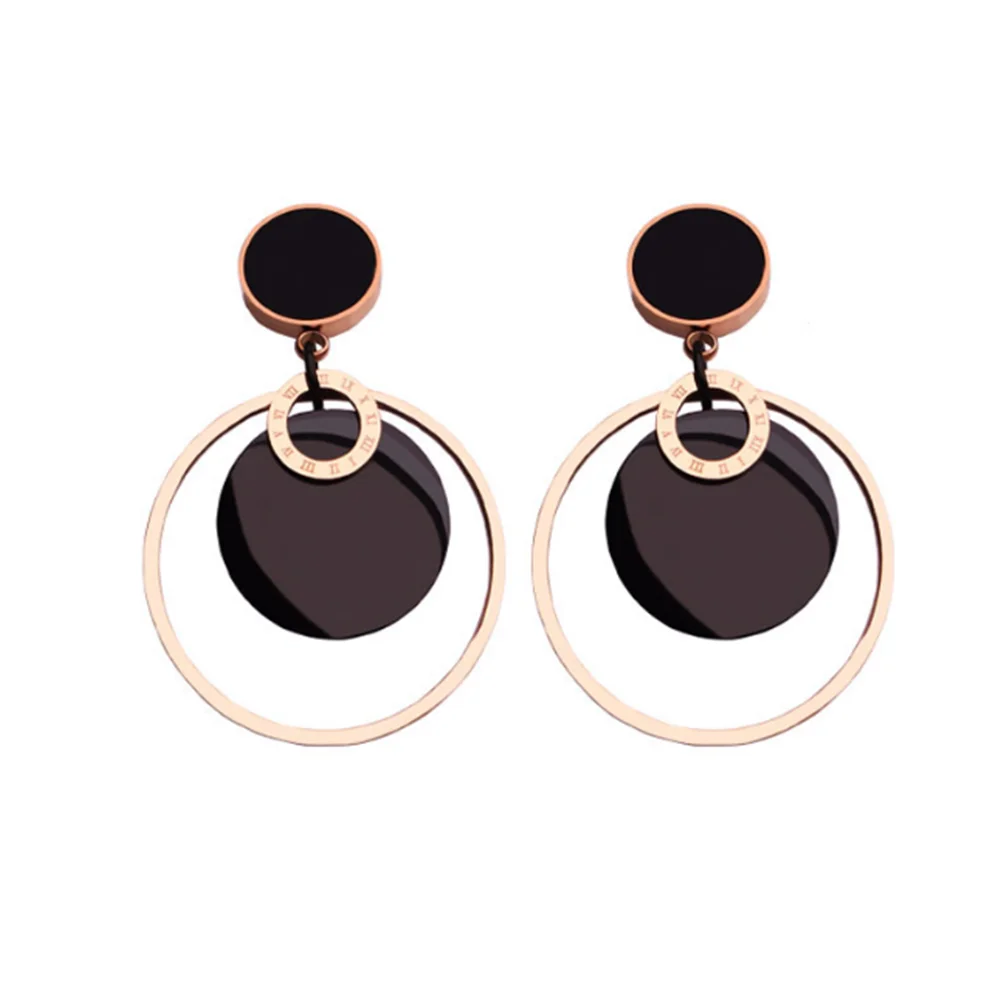 

316L Titanium Steel Long Roman Numerals Large Circle Personality Earrings Rose Gold Hypoallergenic Stud Hook