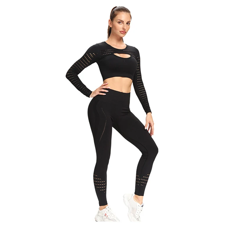 

Seamless Yoga Suit Fitness Sportswear Workout Suit Ladies Long Sleeve Ankle Top High Waist Leggings Gym Breathable SportswearJS1