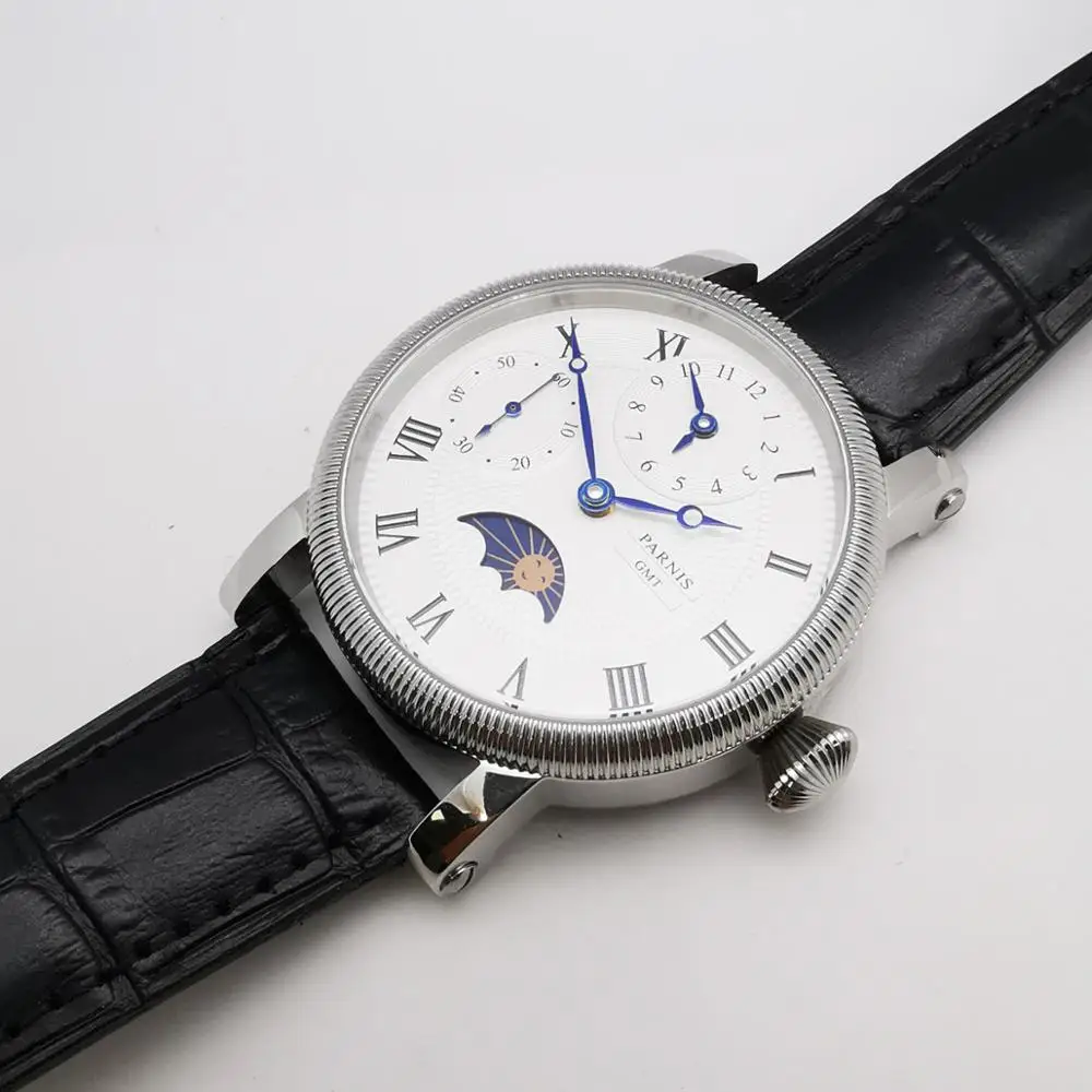 42 мм наручные часы Parnis с белым циферблатом кожаный ремешок чехол из нержавеющей