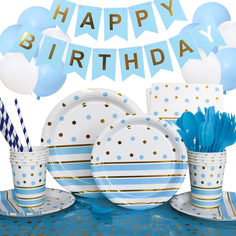 

Sky Blue Polka Dot Birthday Party Decorations Baby Shower Gold Stripes Theme Tableware Disposable Cups Plates Banner Napkins