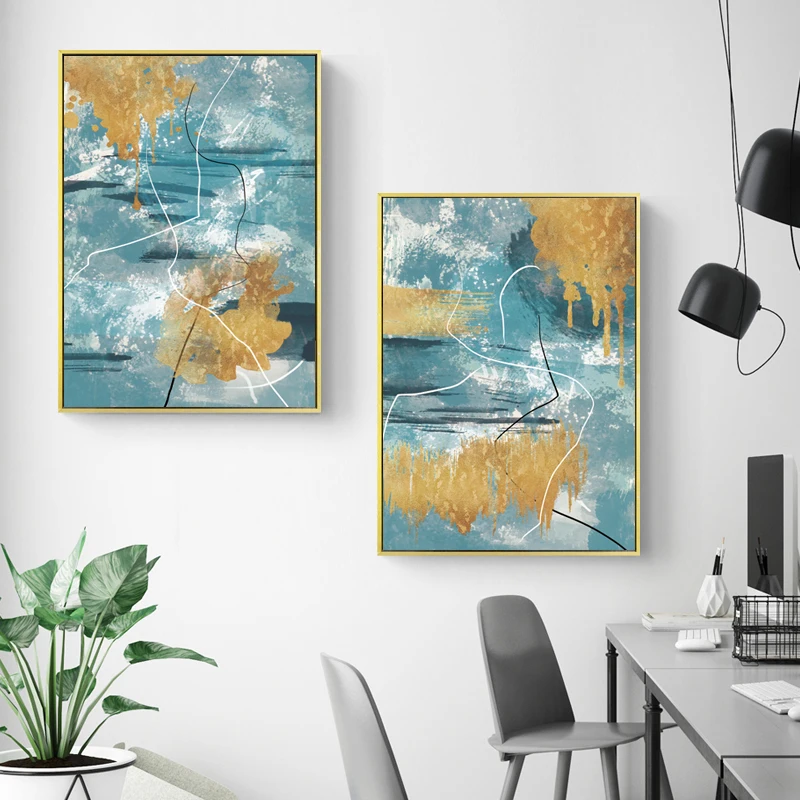 

Abstract Modern Nordic Canvas Painting Golden Blue Poster Print Wall Art Picture for Living Room Bedroom Home Decoration Art