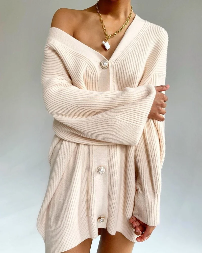

2021 Simple V-neck Lantern Sleeve Cardigan Women Oversized Knitted Sweater Autumn Winter Female Cardigan Jumpers Korean Fashion