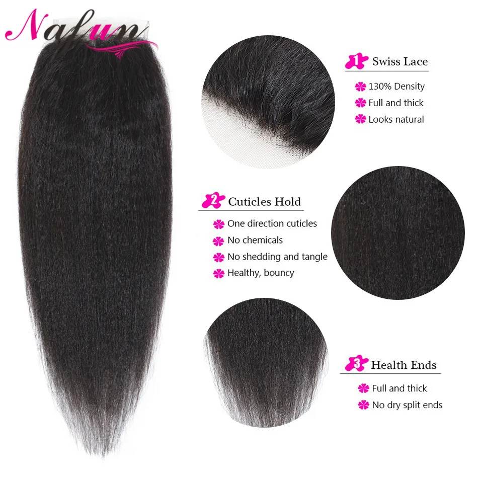 NAFUN Волосы Кудрявые прямые кружева закрытие бразильские человеческие волосы