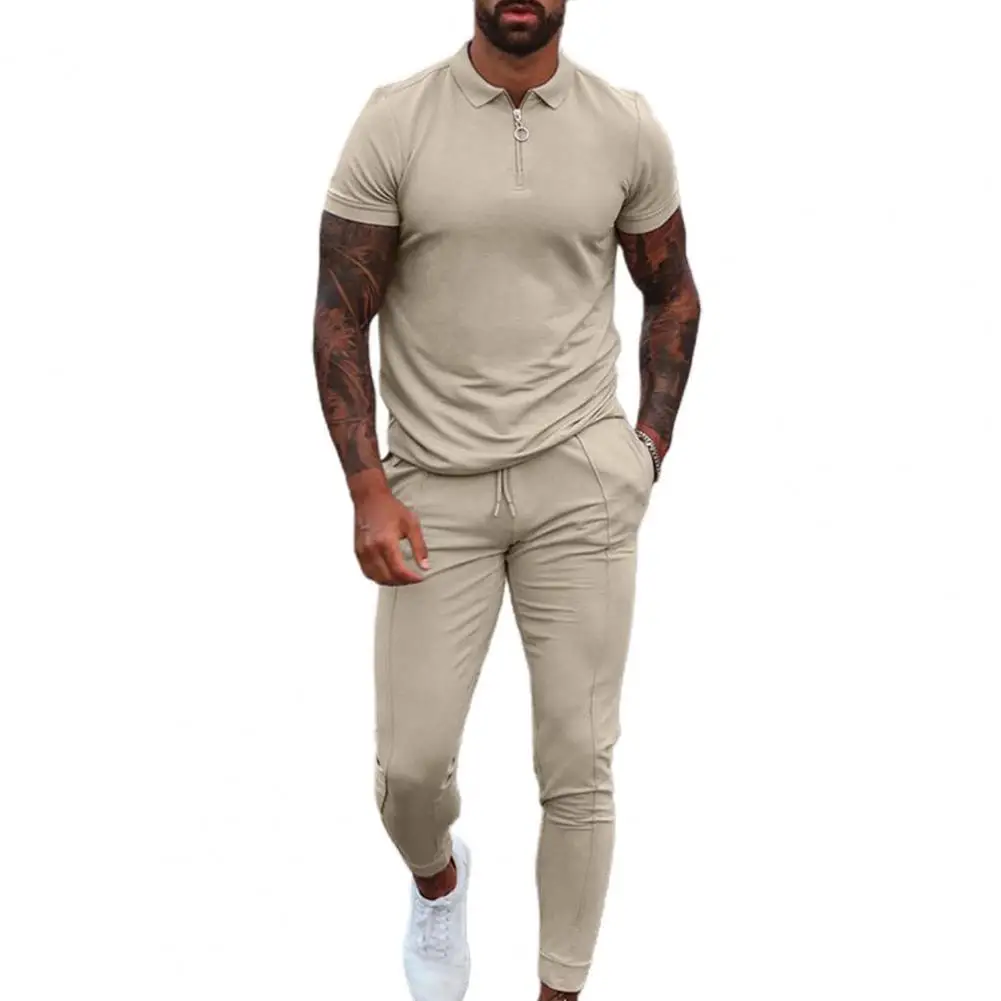 

Men Summer Casual Tracksuit Solid Color Drawstring Summer Lapel T-shirt Pockets Pants for Fitness Loose Fashion Sets