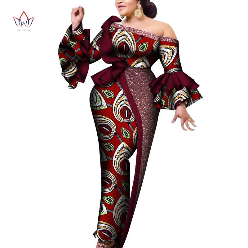 BRW African Maxi Dress Bazin Riche Lotus Sleeve Print Wax Long Dresses Off Sshoulder Plus Size 7XL Africa Clothing WY8086