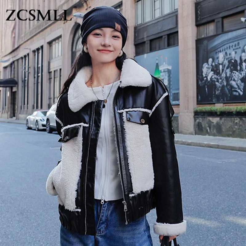 

ZCSMLL 2021 Winter New PU Leather Lamb Wool Coat Female Long Seleeve Contrast Color Coats Women's Fashion Clothes TH710