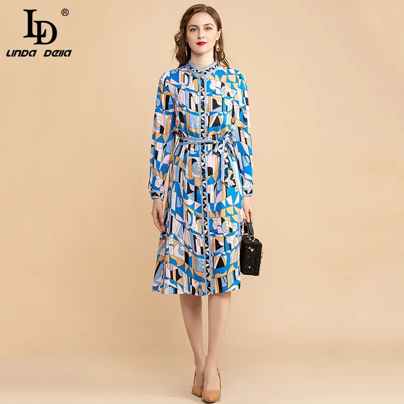 

LD LINDA DELLA Bohemian Summer Vacation Dress Women Fashion Runway Long sleeve Geometric print Bow Belt Shirt style Midi Dress