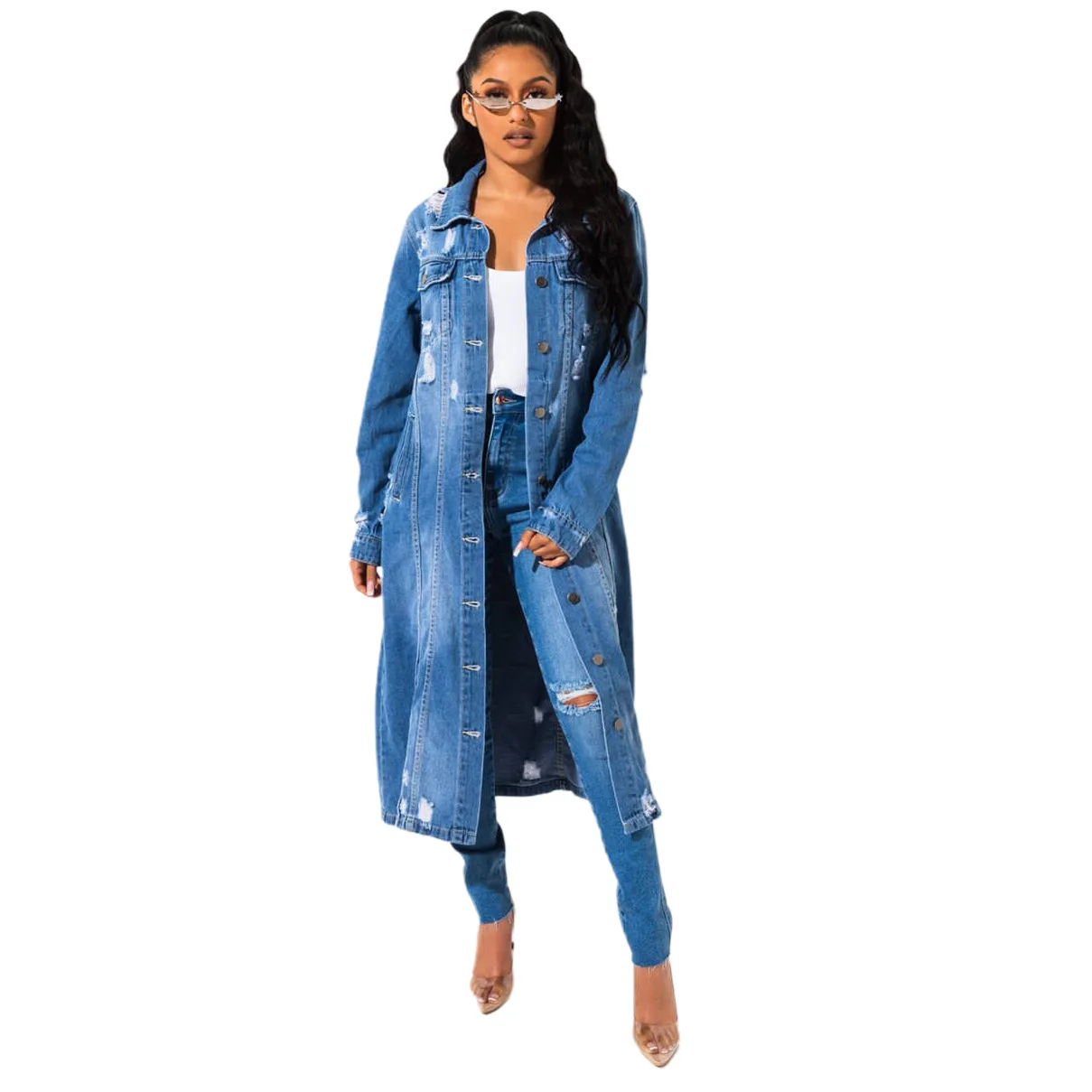 

2022 Winter and Autumn New Casual Retro Button Long Denim Outwear Ladies Fringed Ripped Streetwear Lapel Slim Maxi Jacket