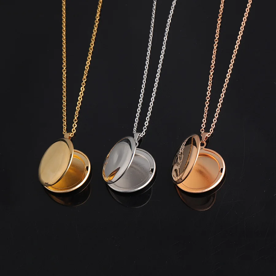 

High Polish Round Box Necklace For Women Men Openable Photo Frame Pendant Necklace Women Family Keepsake Jewelry Gift 45CM