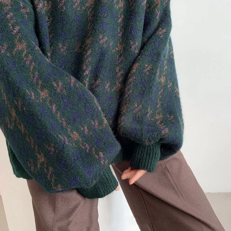 

O-neck Long Sleeve Patchwork Women's Knitted Sweater Pullover Lantern Sleeve Casual Winter Clothes Women Sweater Oversize Jumper