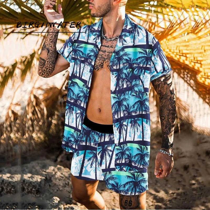 

2021 Summer Beach Fashion Leopard Print Two Piece Sets For Men Short Sleeve Shirt And Drawstring Shorts Suits Casual Male Outfit