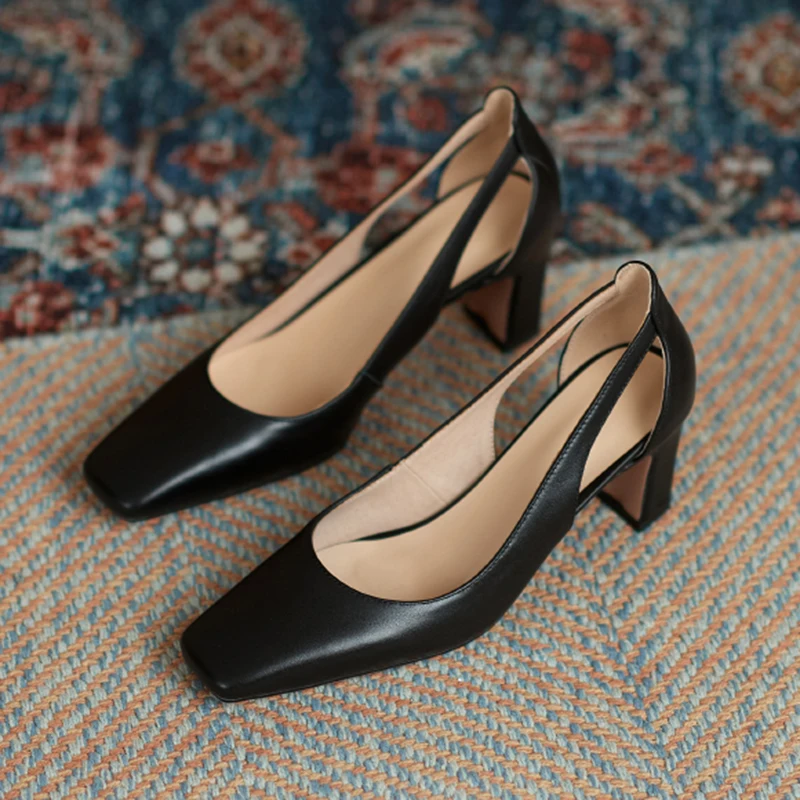 

Shoes Women Square Heel High Pumps Square Toe Wedding Party Derss Shoes Genuine Leather Slip-on Classic Pumps Spring Shoes