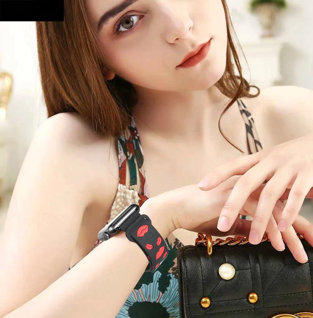 

Silicone strap for apple watch series 6 SE 5 4 3 2 band for iWatch Sport band lips painting black adapters girl wrist band