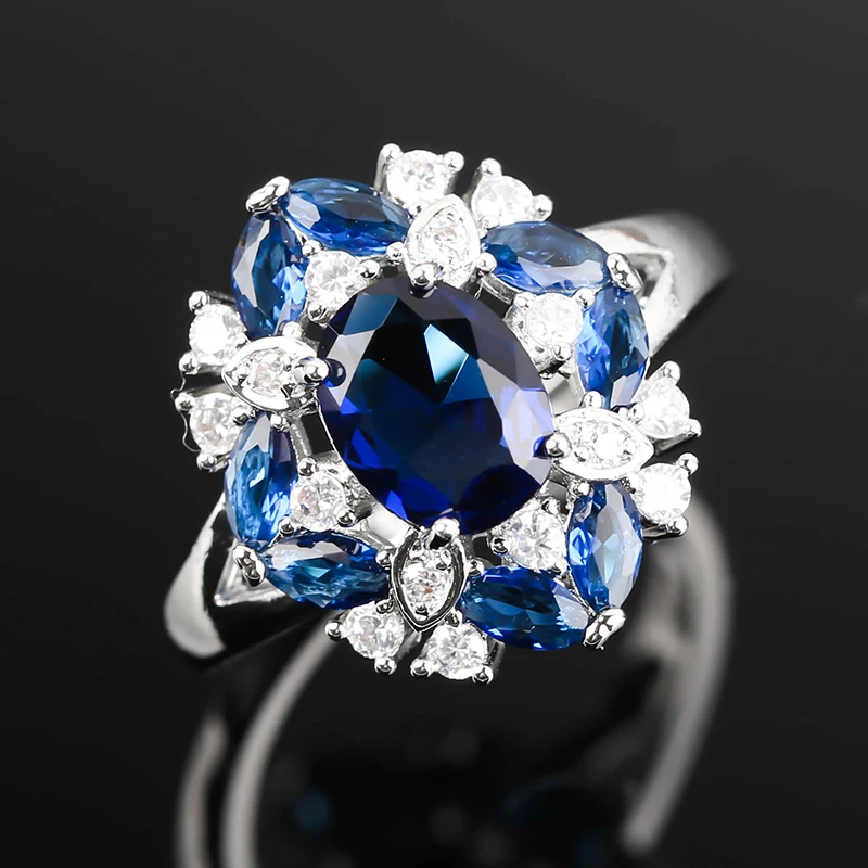 

Fashion Oval Blue Crystal Stone Rings For Women 2020 White Zircon Couple Wedding Luxury Jewelry Flower Ring Best Gift H951