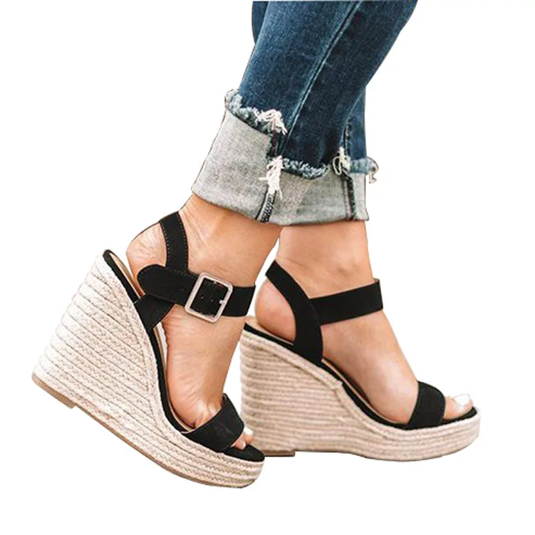 

European and American Women's Sandal Fashion Wedge Heels PU Black Fish Mouth High Summer Sandal Zapatos De Mujer