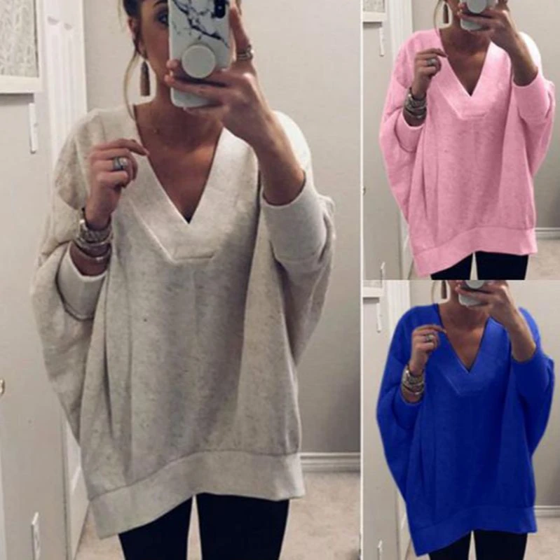 

Women's Sweatshirt Knitted Pullover Sweater Top Long Sleeve Pure Color Loose Warm V-neck Sweatshirt