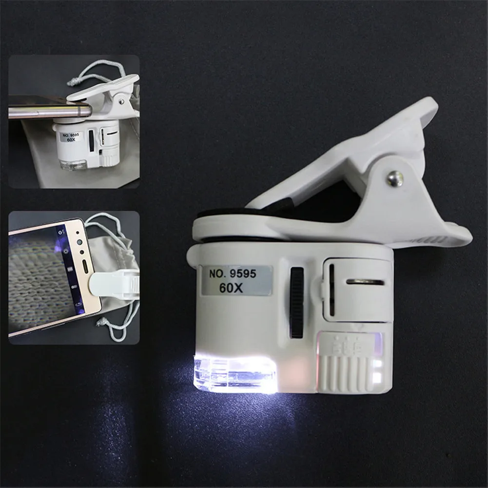 

60X Clip Magnifying Glass Pocket Microscope Loupe Mobile Phone Jeweler Magnifier With 3pcs LR1130 Button Batteries LED Magnifier