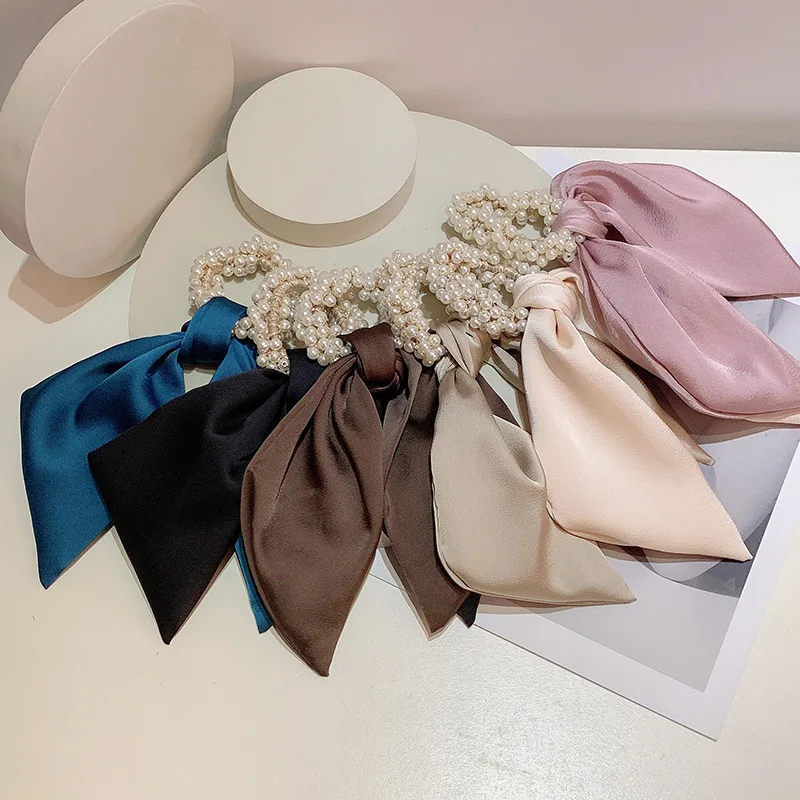 

Elegant Pearl Bowknot Long Streamer Elastic Hair Band Pure Color Hair Ribbon Pearl Hair Ring Sweet Scrunchies Hair Accessories