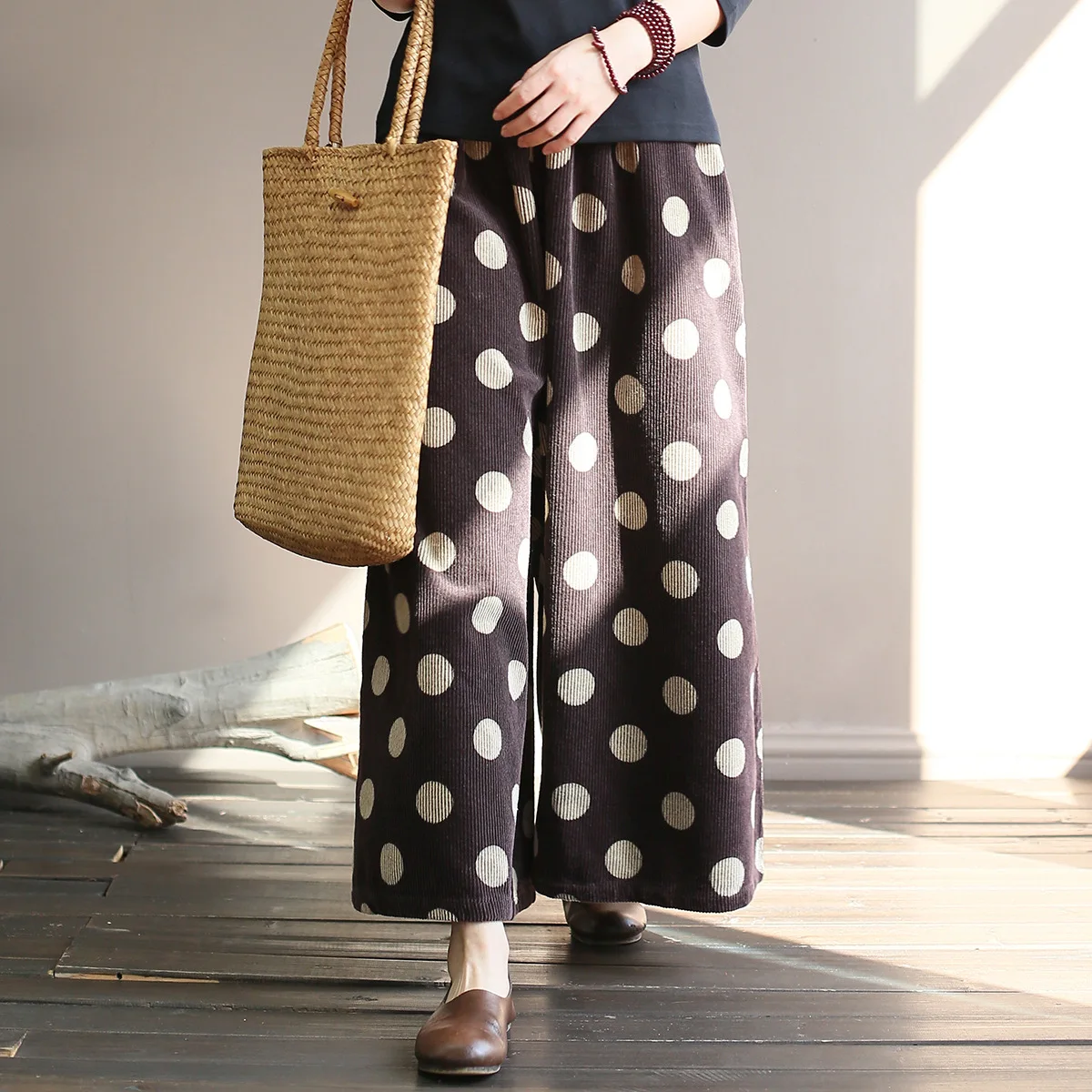 

Hot Stylish femake Polka Dot Print Velvet Long Pants Vintage Elastic High Waist women's trouser T127