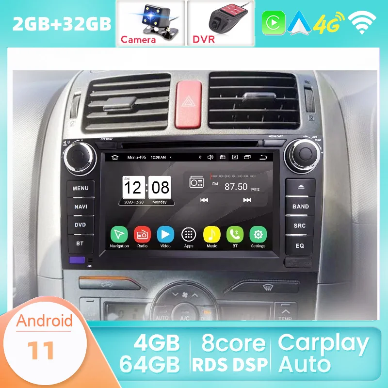 Автомобильный DVD-плеер PX5 DSP 2 DIN Android 11 Восьмиядерный 4 Гб + 64 ГБ для Toyota Auris 2008-2012