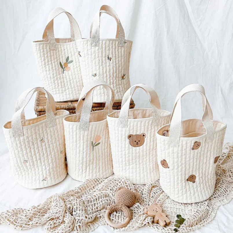 

Cute Cartoon Embroidery Baby Diaper Bags Portable Bucket Bag Resuable Mommy Storage Bag Decor Travel Nappy Bag Crib Organizer