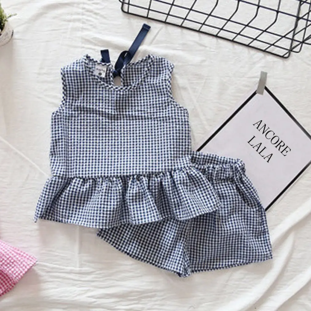 

2pcs Summer Fashion Baby Girl's Sleeveless Plaid Shirts And Shorts Set Plaid Ruffle Tank Tops Shorts Outfit Clothes Set